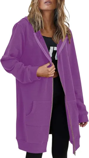 Long Hoodie for Women 2024 Casual Zip Up Drawstring Fleece Sweatshirt Oversized Jackets Coat Fall Clothes