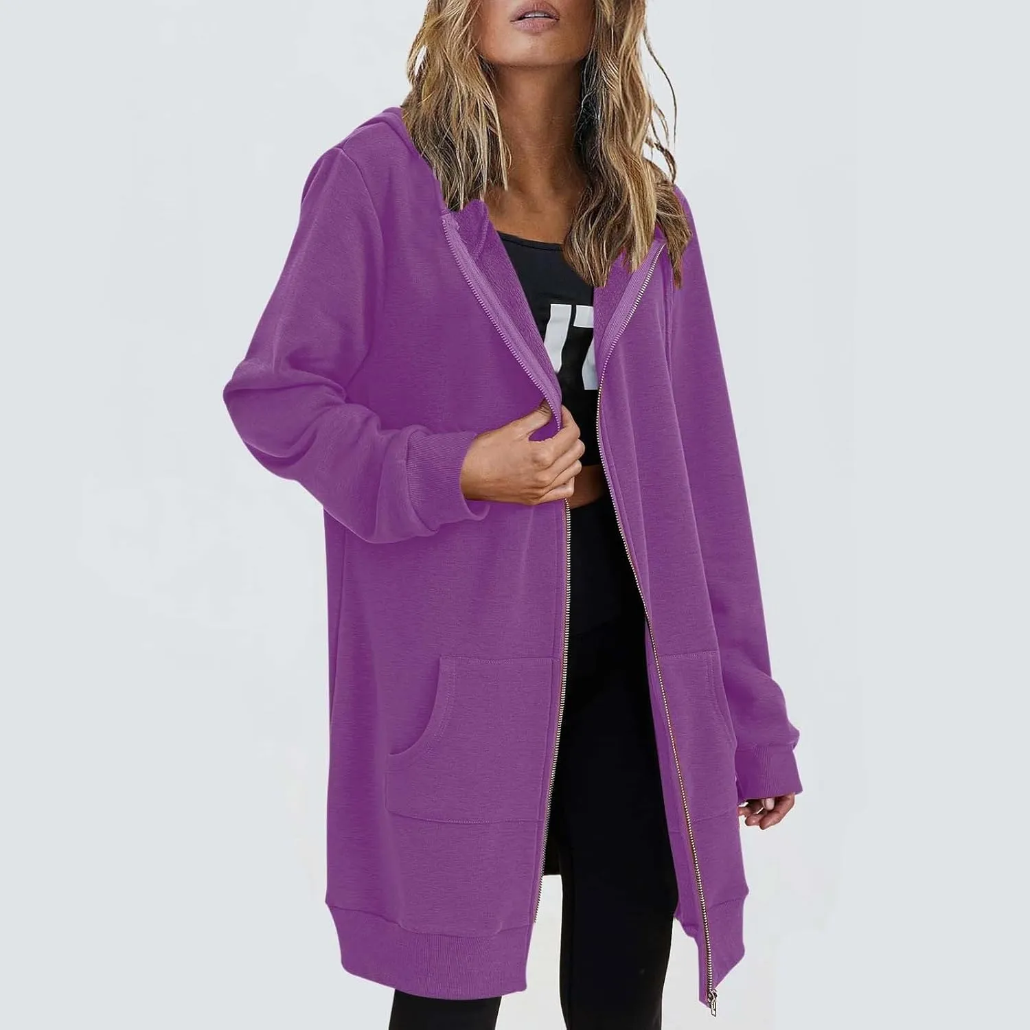 Long Hoodie for Women 2024 Casual Zip Up Drawstring Fleece Sweatshirt Oversized Jackets Coat Fall Clothes
