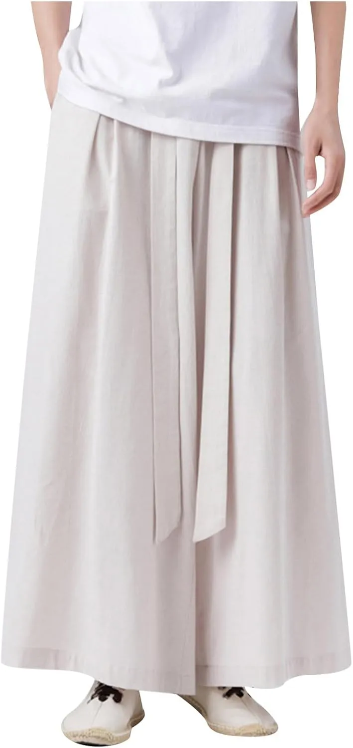 Men's Cotton Linen Harem Pants Linen Japanese Breathable Hip Hop Baggy Skirt Pants Capri Pant