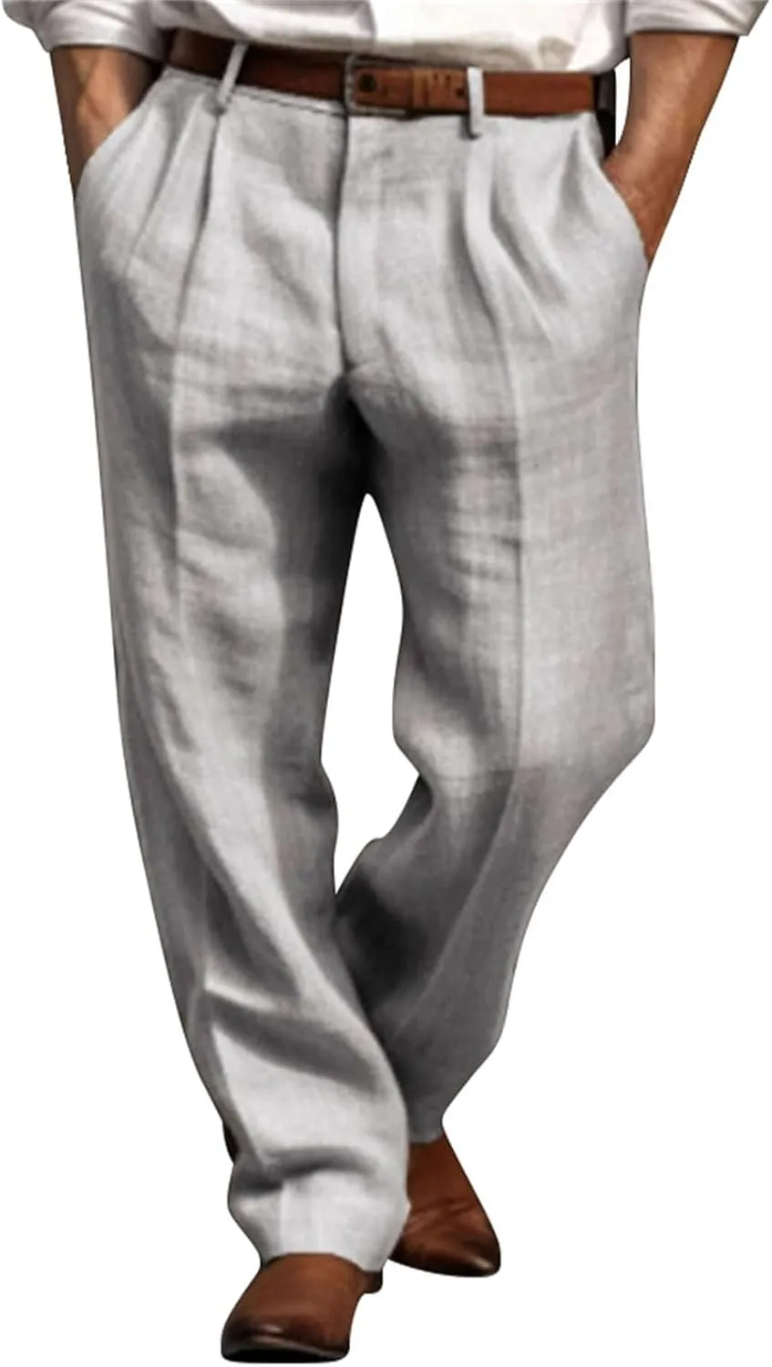 Mens Linen Pants Beach Wedding Formal Dress Pants Casual Summer Lightweight Breathable Wide Leg Trousers