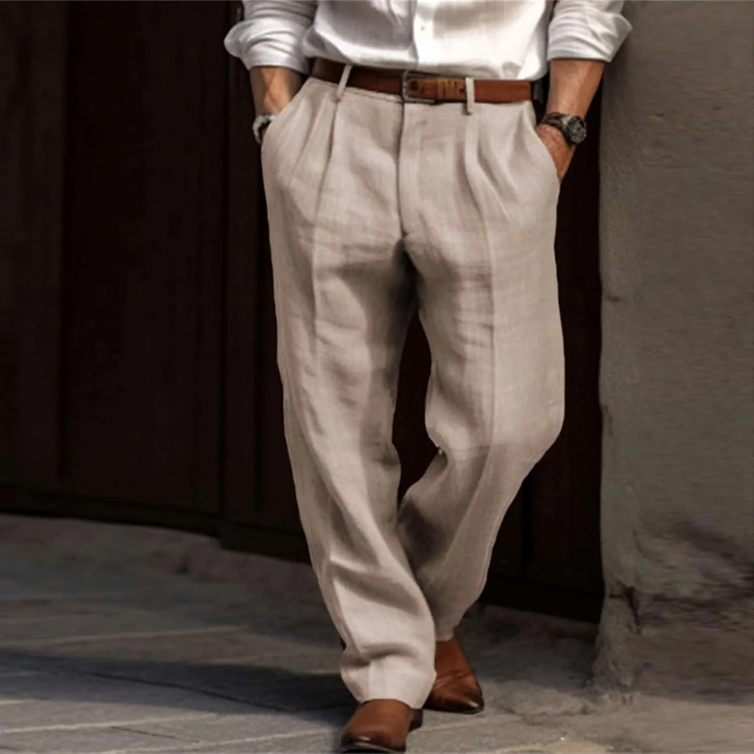 Mens Linen Pants Beach Wedding Formal Dress Pants Casual Summer Lightweight Breathable Wide Leg Trousers