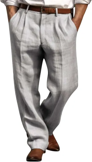Mens Linen Pants Beach Wedding Formal Dress Pants Casual Summer Lightweight Breathable Wide Leg Trousers