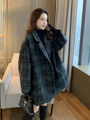 Plaid Tweed Mid-length Thick Woolen Coat