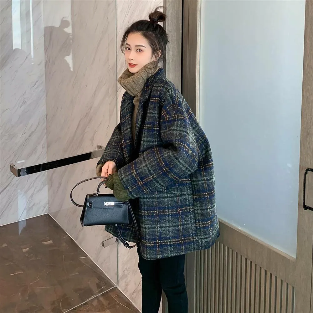 Plaid Tweed Mid-length Thick Woolen Coat