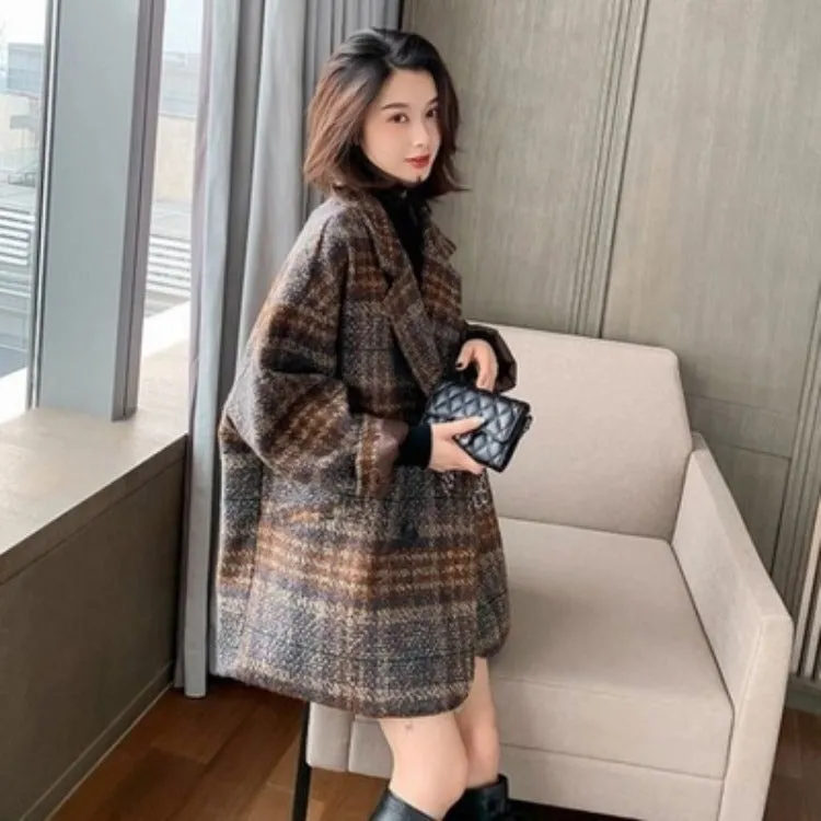 Plaid Tweed Mid-length Thick Woolen Coat