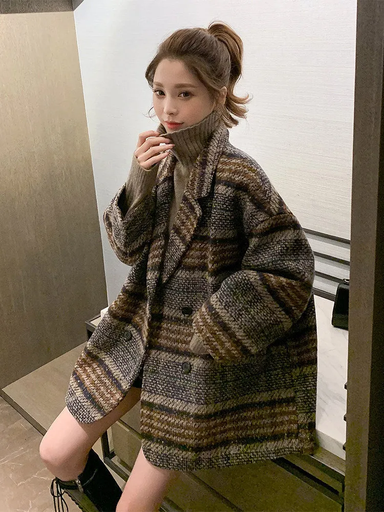 Plaid Tweed Mid-length Thick Woolen Coat