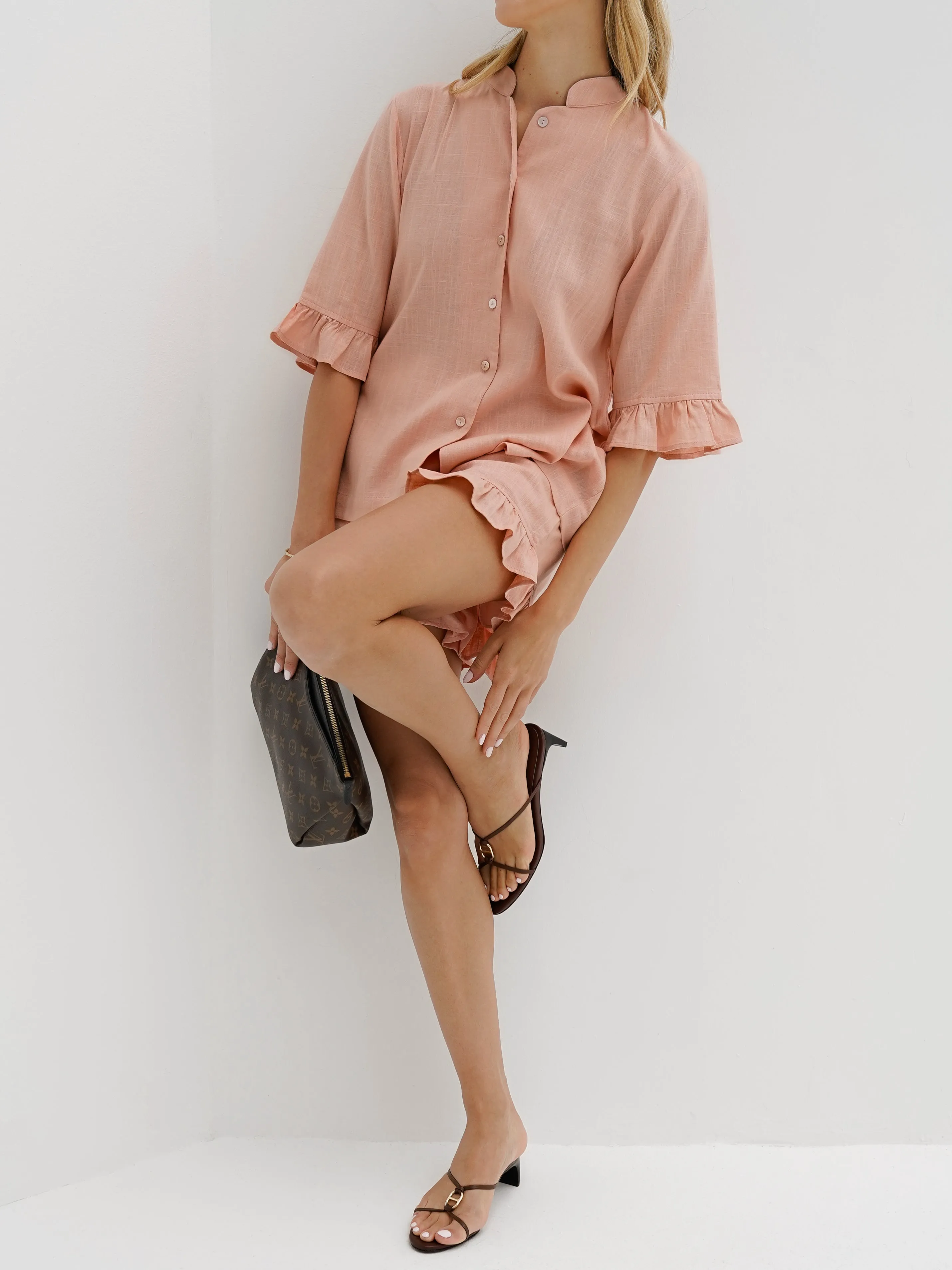 Riviera Chambray Frill Sleeve Shirt | Apricot Blush
