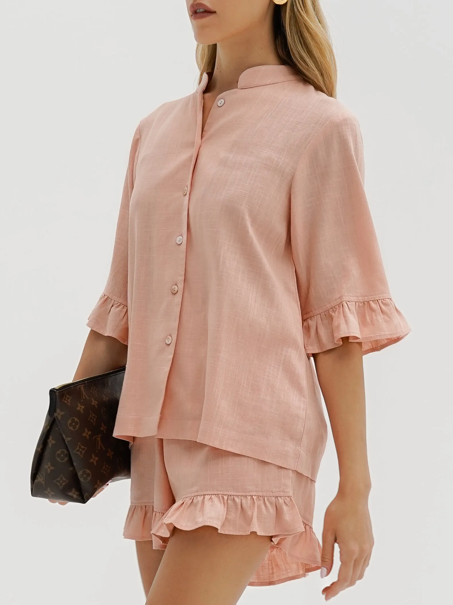 Riviera Chambray Frill Sleeve Shirt | Apricot Blush