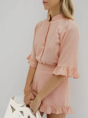 Riviera Chambray Frill Sleeve Shirt | Apricot Blush