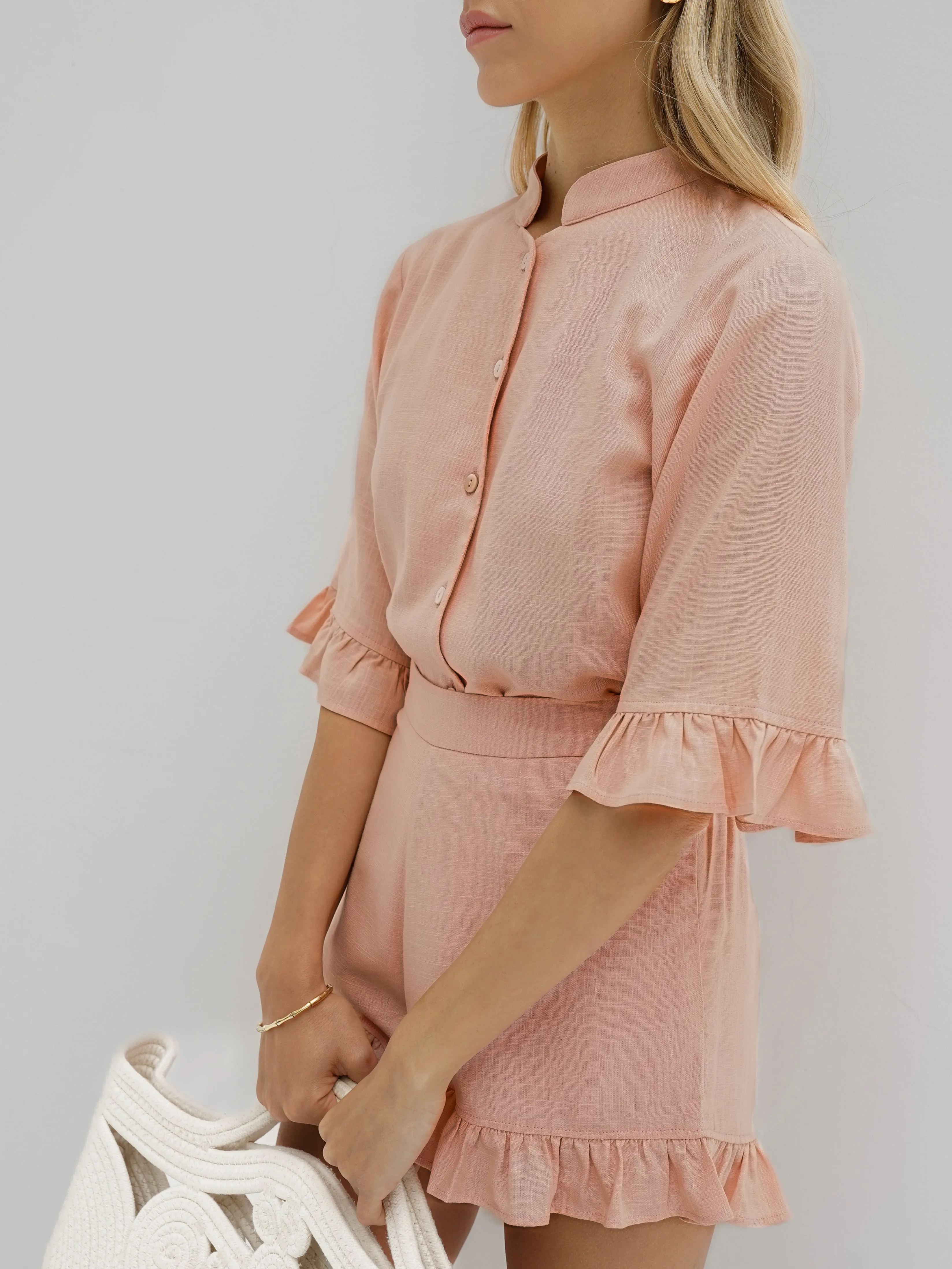 Riviera Chambray Frill Sleeve Shirt | Apricot Blush