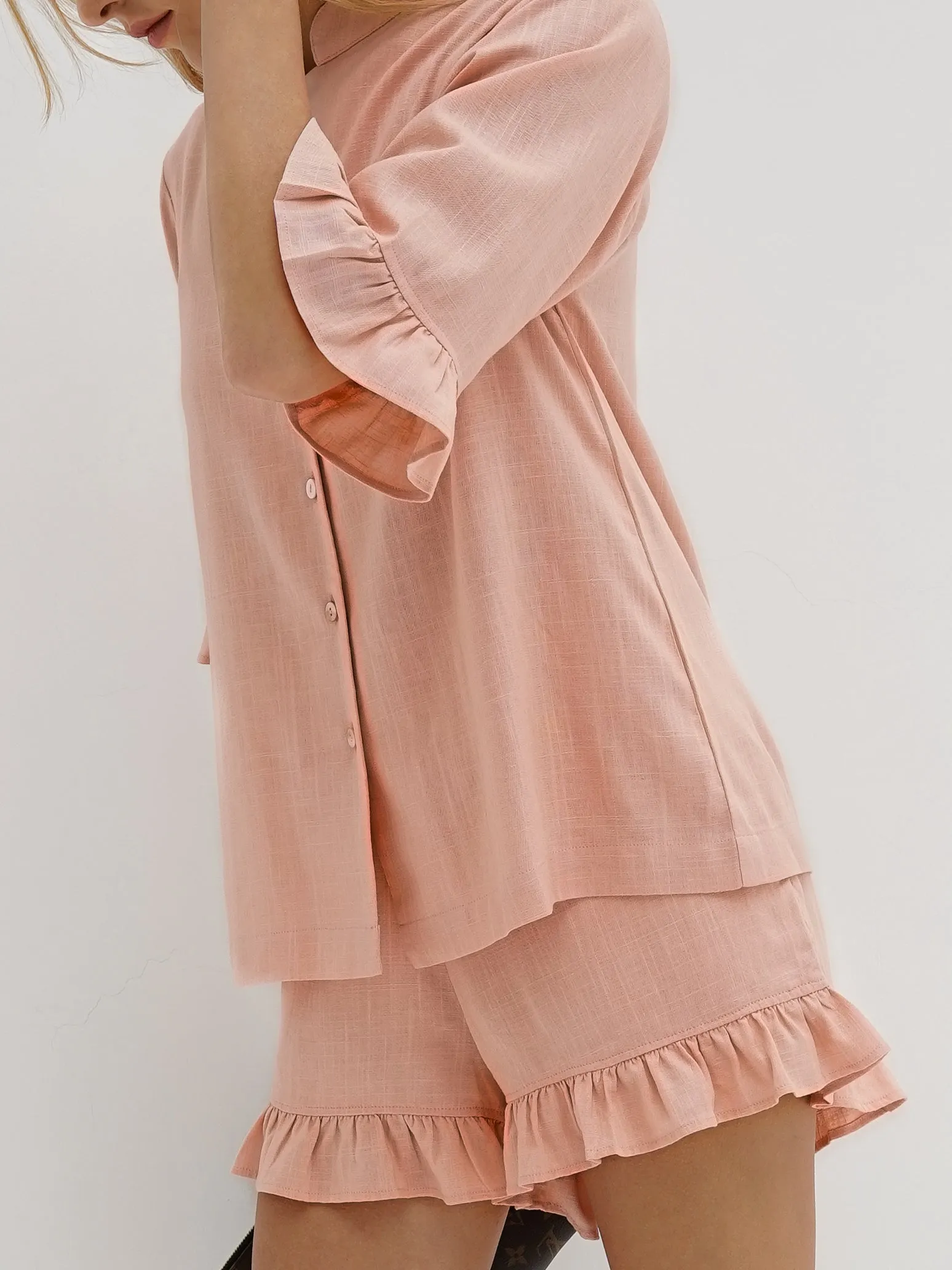 Riviera Chambray Frill Sleeve Shirt | Apricot Blush
