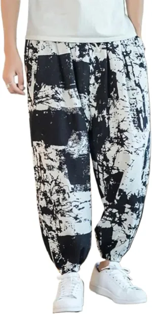Summer Chinese Style Thin Breathable Cotton Hemp Casual Harem Pants Lanterns Male Harajuku Trend Print Trousers