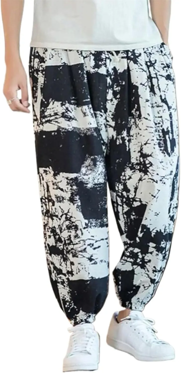 Summer Chinese Style Thin Breathable Cotton Hemp Casual Harem Pants Lanterns Male Harajuku Trend Print Trousers