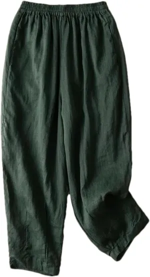 Women's Summer Loose Cotton and Linen Elastic Waist Nine-Point Pants Pocket Breathable Harem Casual Pants
